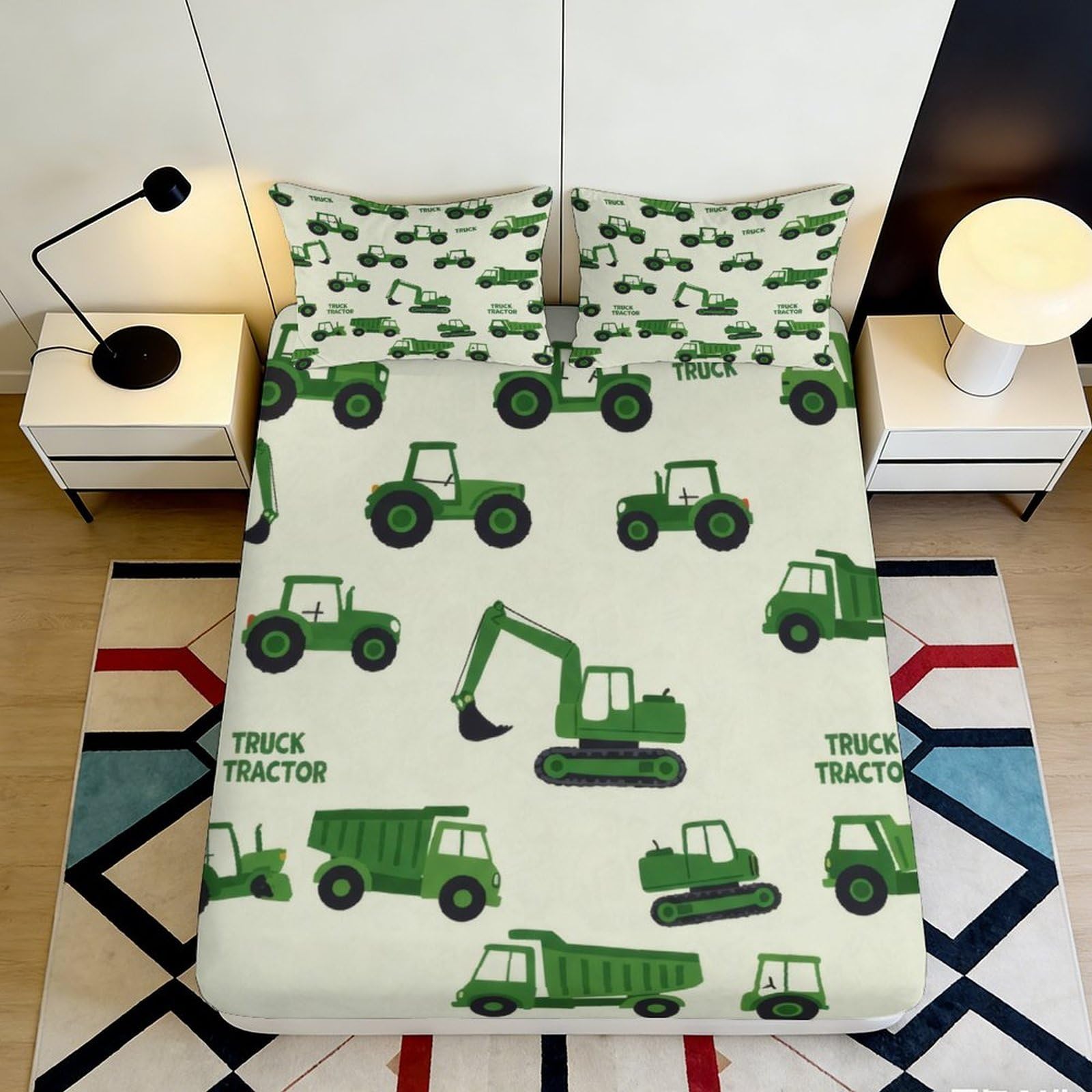 3D Printed Green Construction Vehicles Fitted Sheet Microfiber Soft Durable Excavator Truck Bed Cover for Bedroom Dorm Decor 180x200x25cm