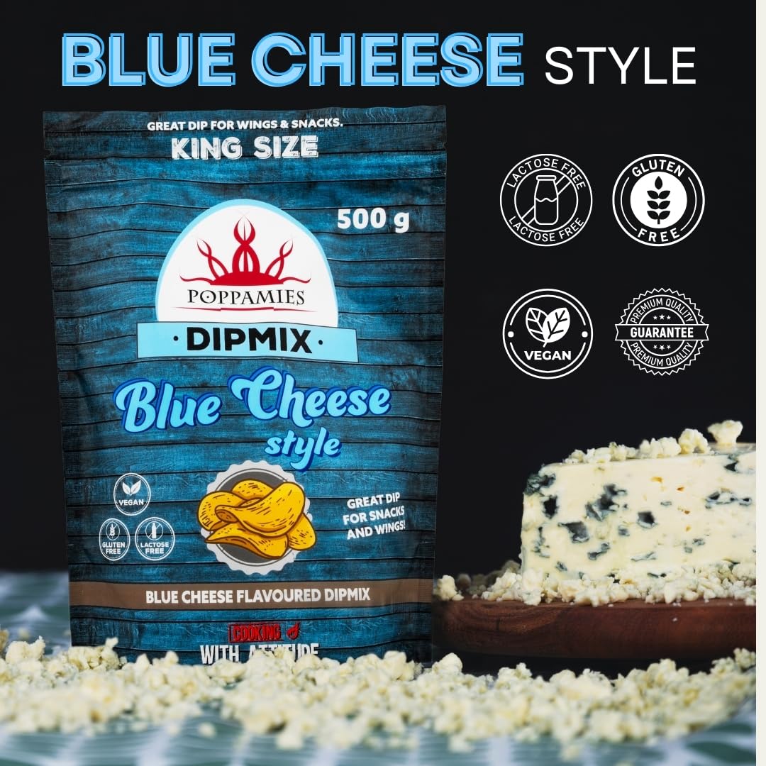 Poppamies Dipmix Blue Cheese Style – Polvo para dip vegano con sabor a queso azul, ideal para alitas, verduras y snacks – Sin gluten, sin lactosa – 500g