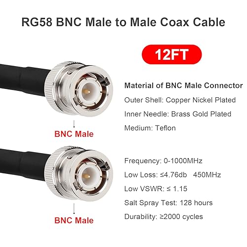 Miniatura 2 de Cable BNC - Cable coaxial RG58 de 12 pies de 50 ohmios macho a macho, cable coaxial de extensión BNC de baja pérdida con antenas, radios RF, módems,