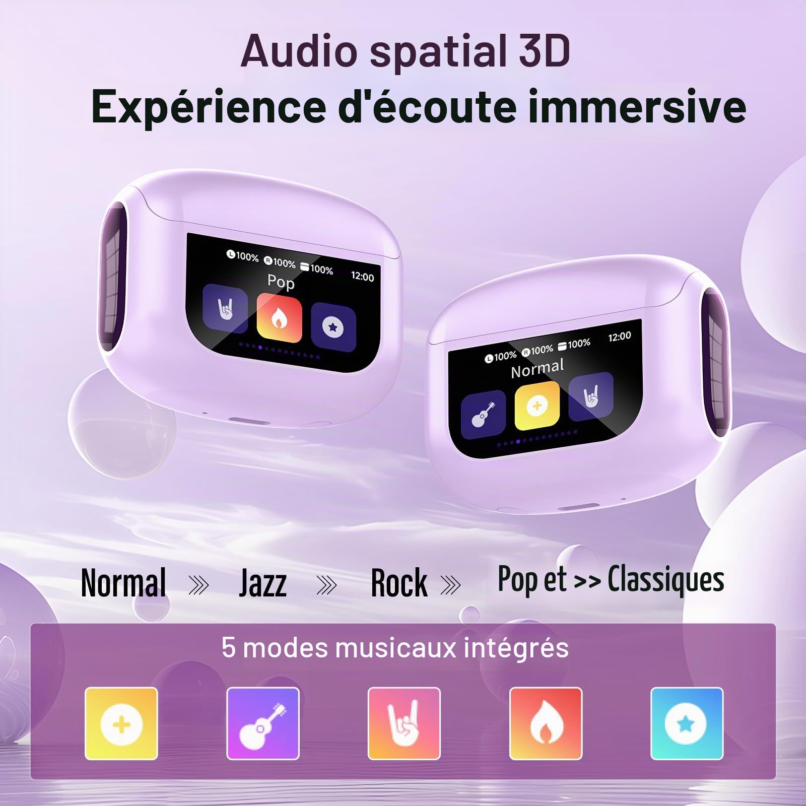 Ecouteurs Bluetooth sans Fil, 48H Écouteur Bluetooth 5.4 avec Écran Tactile Multifonction, IPX7 Étanche Stéréo Immersif Ecouteurs sans Fil avec Réduction du Bruit ANC/ENC/Mode Transparence, Violet