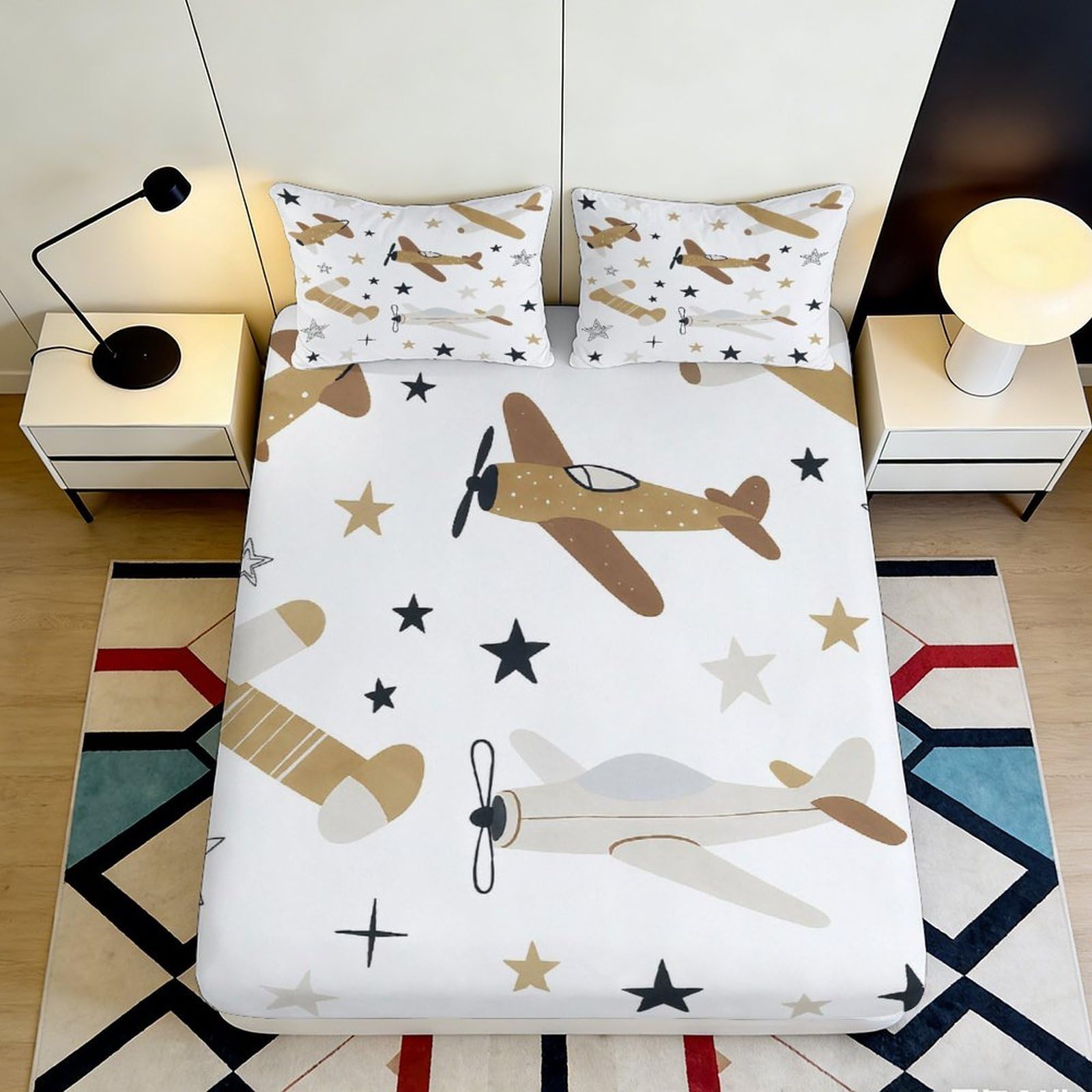 3D Printed Airplane Pattern Fitted Sheet Microfiber Deep Pocket Full Wrap Bedroom Bedding Airplane Mattress Fitted Cover Washable for Adults Teens 200x200x25cm