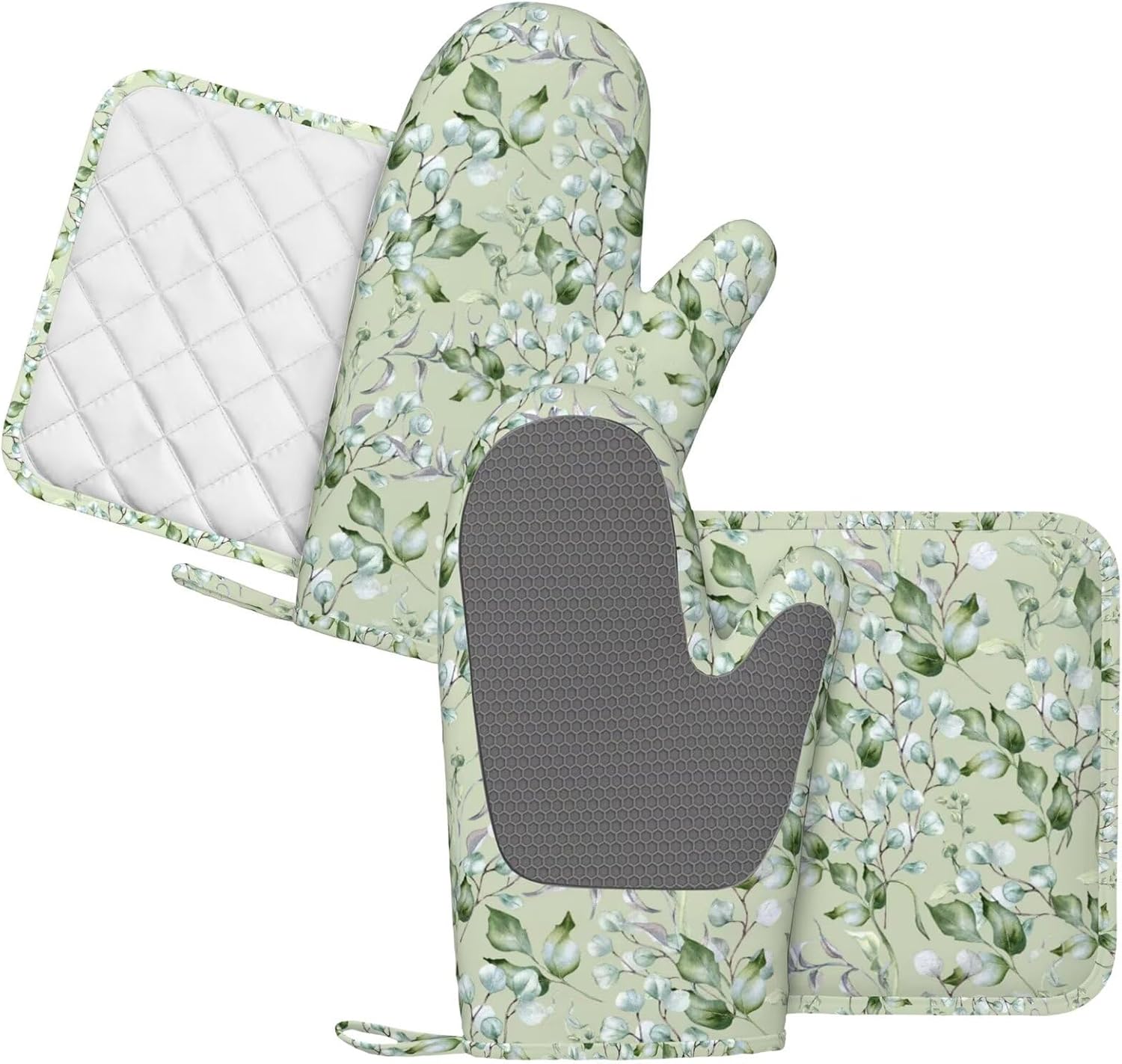 Sage Green Eucalyptus Silicone Oven Mitts and Pot Holders Sets Watercolor Branches Leaves Kitchen Mitts Potholder Kitchen Accessories for Cooking Baking BBQ