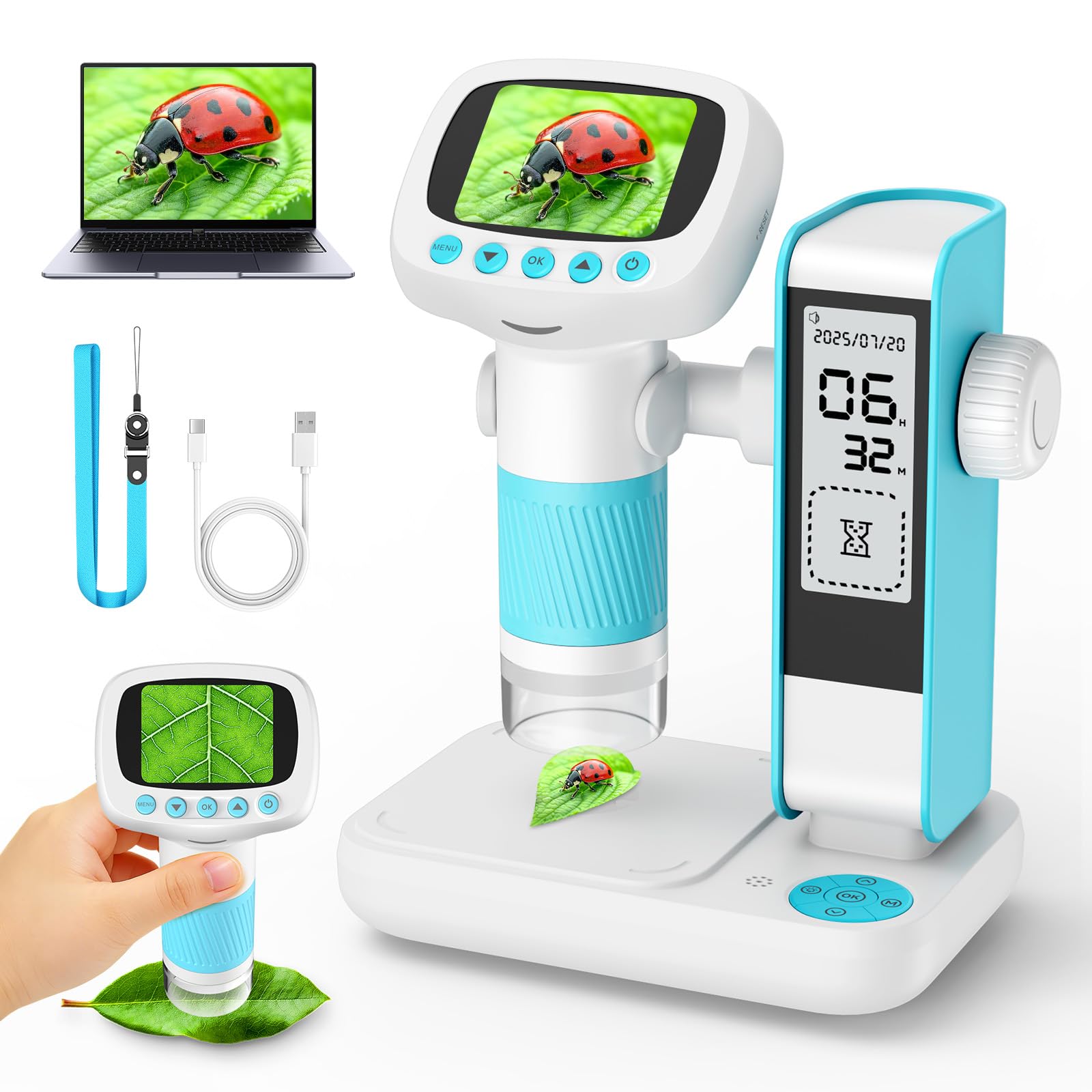Leipan Microscopio digitale per bambini 2 in 1 con supporto per timer, ingrandimento 1000x, palmare/desktop, schermo IPS da 2", connessione USB PC, 12 vetrine, 8 LED, microscopio educativo da