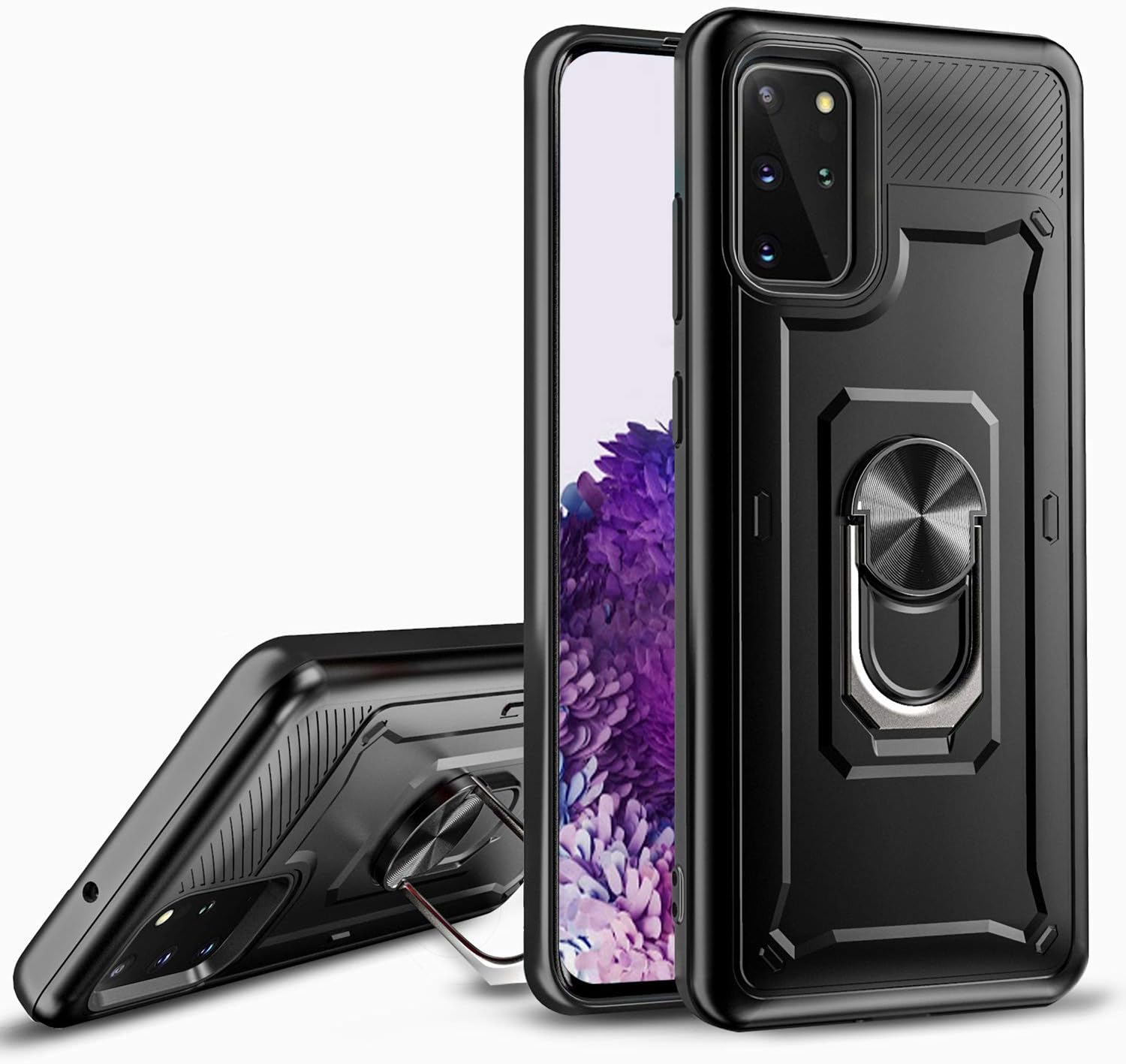 PLESON Samsung Galaxy S20 Plus Case, Military Grade Drop Tested, Hybrid Slim Fit Hard Back Shockproof Protective & Soft TPU Bumper with Ring Kickstand for Samsung Galaxy S20+ Case 6.7 Inch, Black