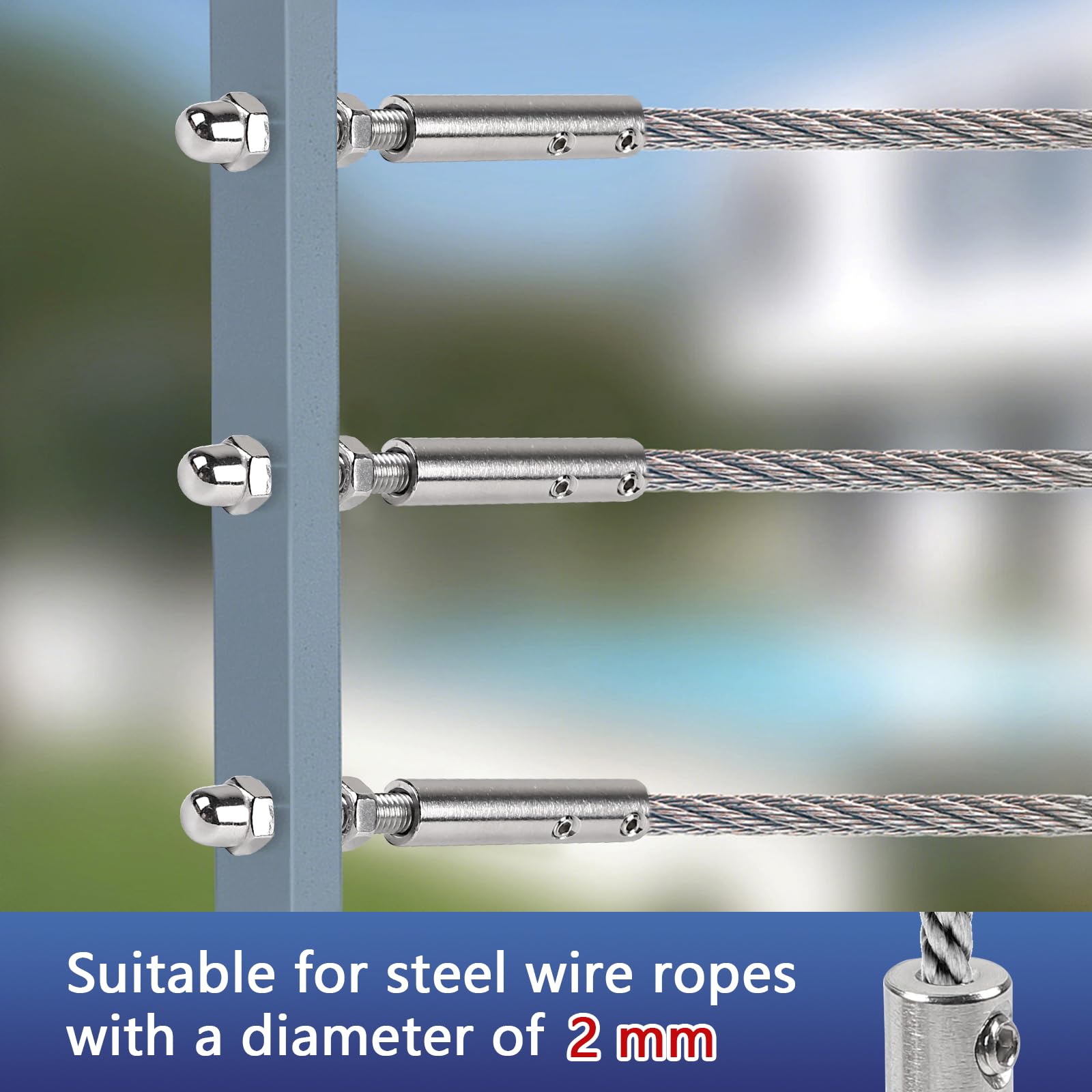 Pack de 12 Terminales para cable 2 mm – Tensor inoxidable con espárrago y llave Allen, Fijación robusta para cables metálicos en barandillas o cerramientos decorativos