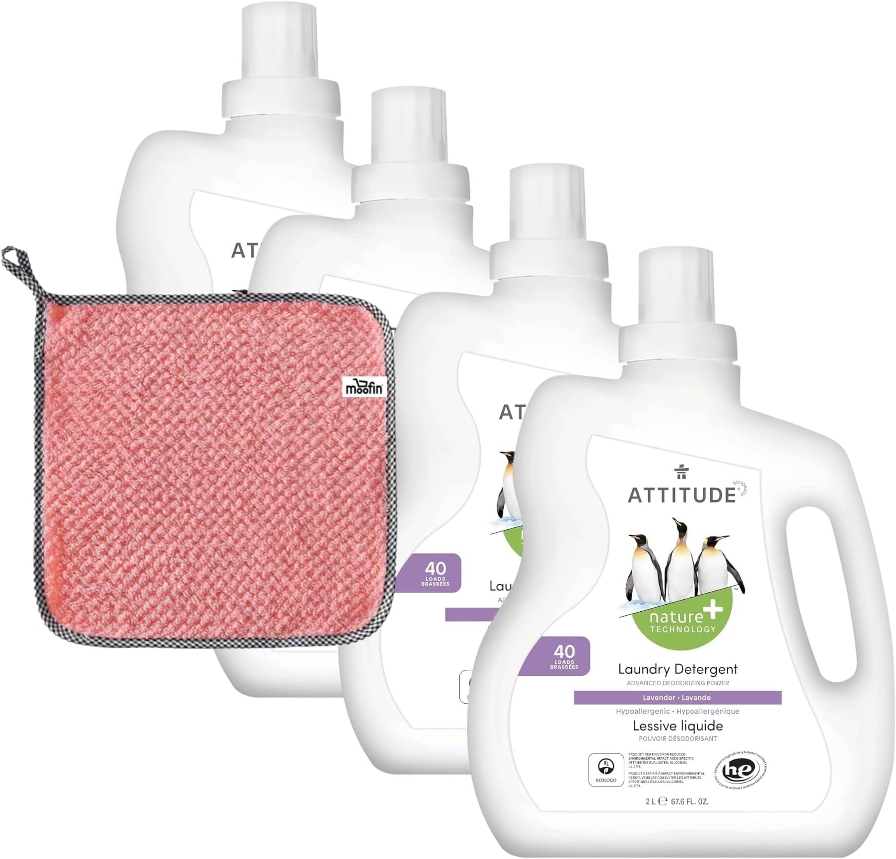 Attitude Nature Laundry Detergent, 67.6 Oz - Lavender Scent Liquid Detergent, Bundled with Cleaning Towel, Liquid Laundry Detergent With Nature Technology, Cleans 40 Loads [Pack of 4]
