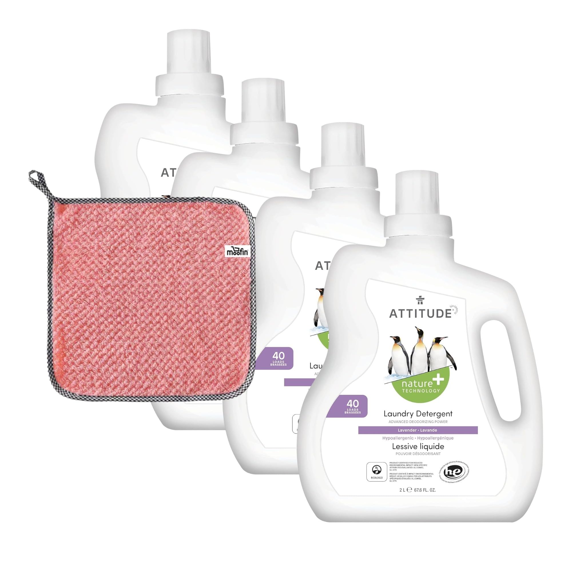 Attitude Nature Laundry Detergent, 67.6 Oz - Lavender Scent Liquid Detergent, Bundled with Cleaning Towel, Liquid Laundry Detergent With Nature Technology, Cleans 40 Loads [Pack of 4]