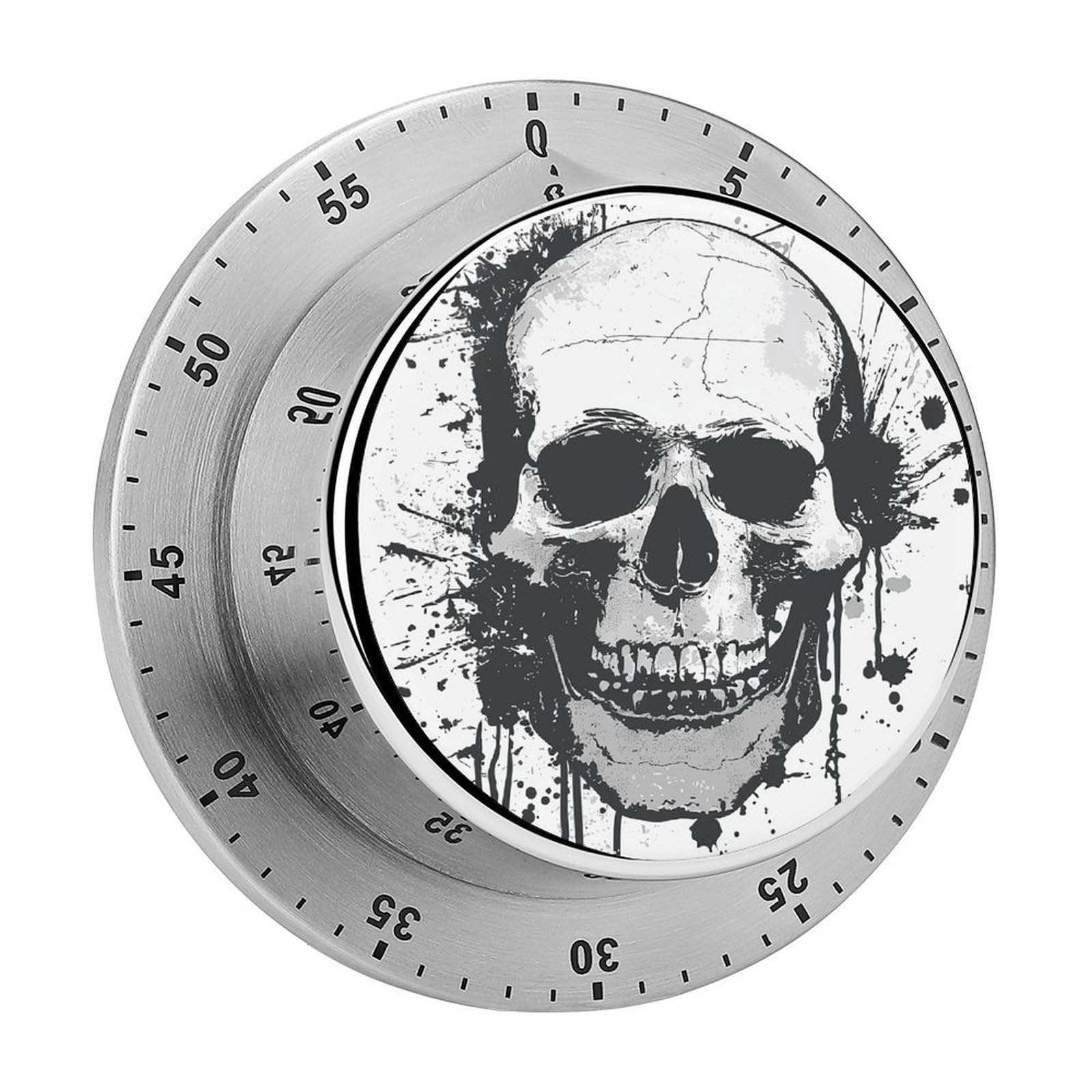 Mechanical Kitchen Timer with Magnetic Back, Stainless Steel Manual Simple Skull Graphic Printed Timer for Cooking and Time Management