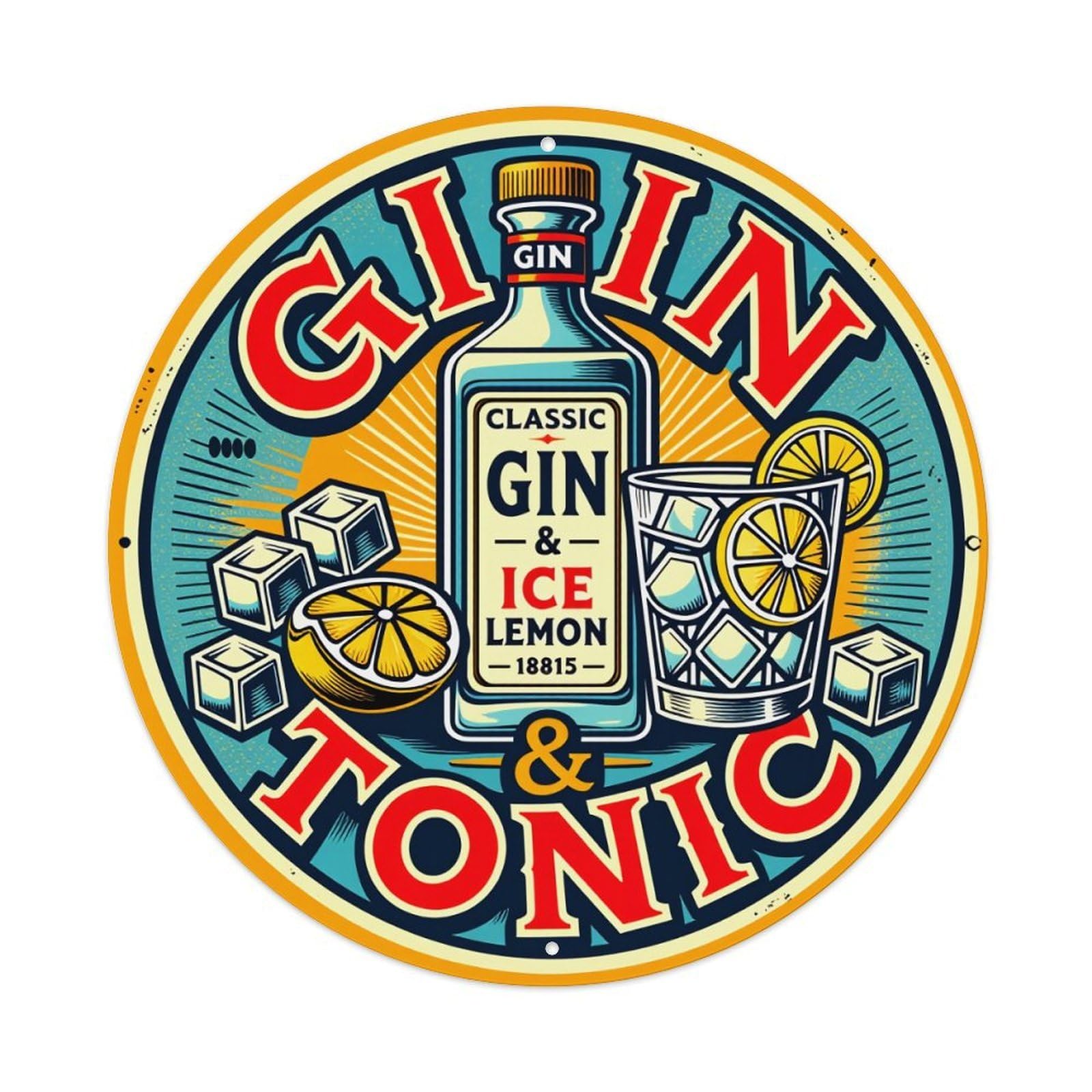 Gin Bottle Lemon Ice Glass Round Tin Sign Vintage Metal Poster Retro Bar, Home, Man Cave, Kitchen, Laundry Room Wall Art Decor Gift 8x8Inch