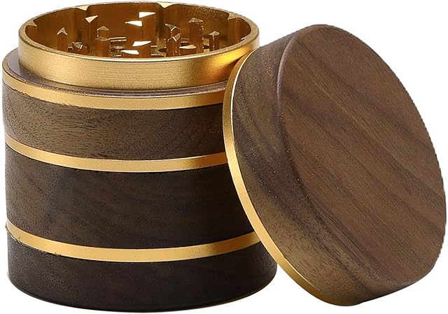 DCOU Premium Large Wooden Spice Grinder Pollen Collector with Magnetic Lid and Pollen Catcher 4 Piece 2.5 inches (Gold)