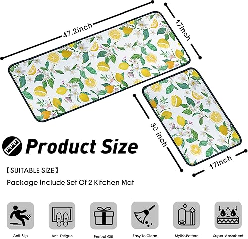 Miniatura 2 de Lemon - Juego de 2 alfombras y tapetes de cocina de microfibra antideslizantes, lavables, absorbentes para el piso, juego de 2 tapetes de cocina de