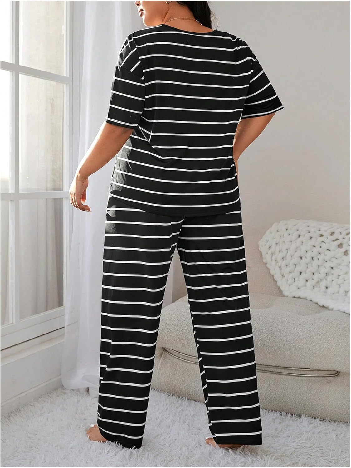 OYOANGLE Women's Plus Size Striped Pajama Set Short Sleeve Tee Top Elastic Waist Pants Sleepwear - Image 3