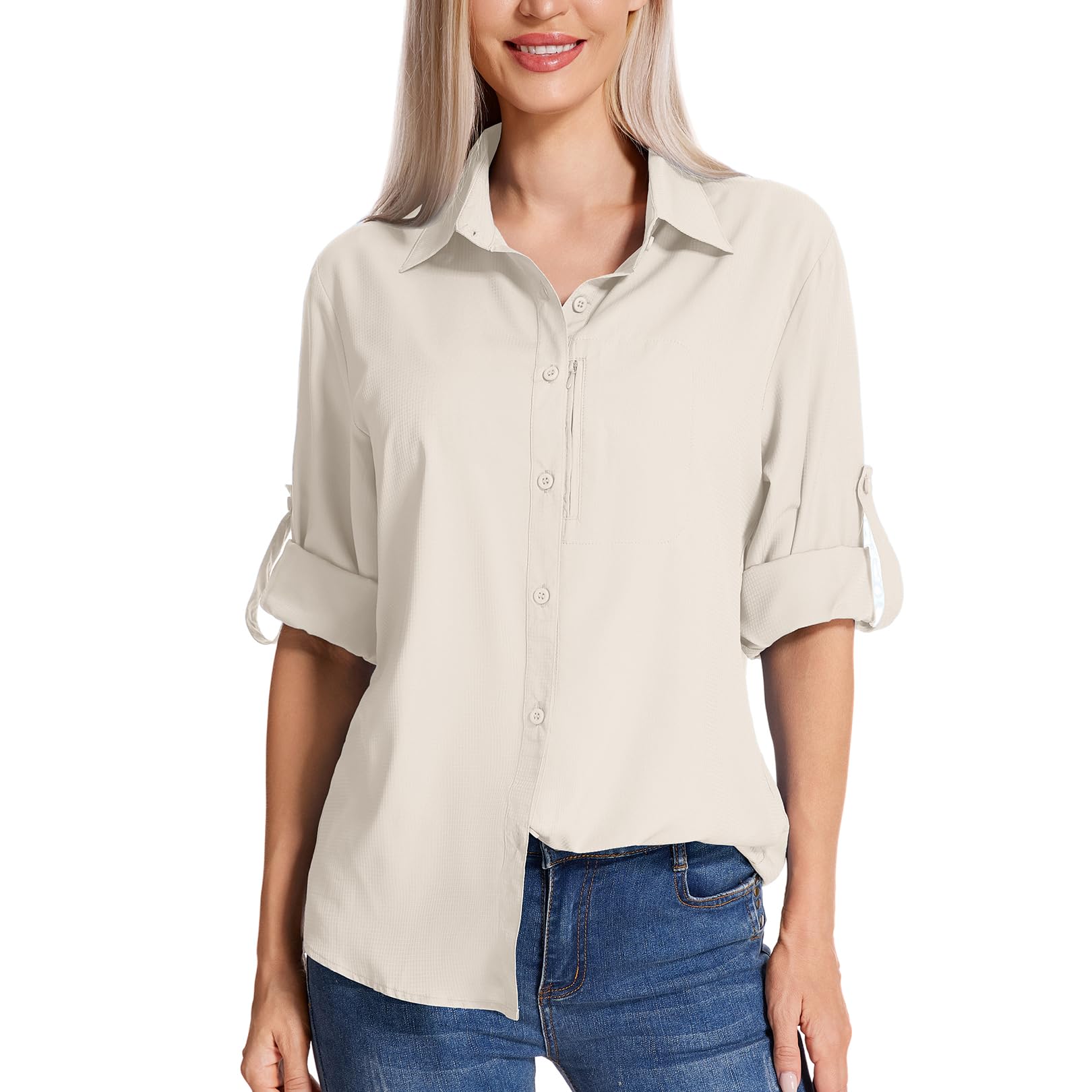 Camisas de senderismo con protección solar para mujer, de manga larga, ligeras, de secado rápido, ropa de safari para viajes, pesca, camisa cargo