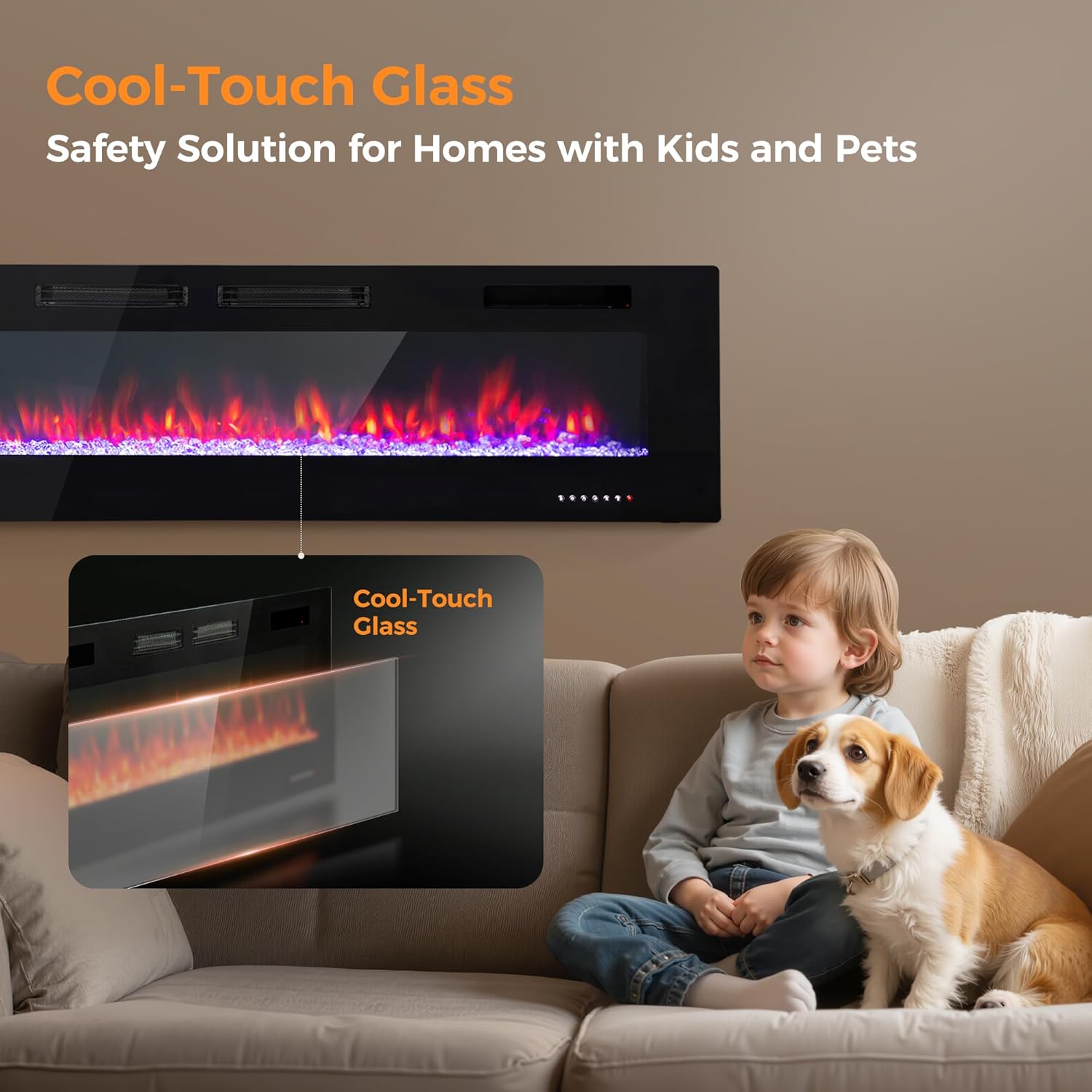 GREEN PARTY 72" Electric Fireplace Recessed/Wall Mounted Ultrathin 3.2" Fireplace Heater, Low Noise Linear Fireplace with Remote Control/Touch Screen, 8hrs Timer, Adjustable Flame & Bed Colors & Speed