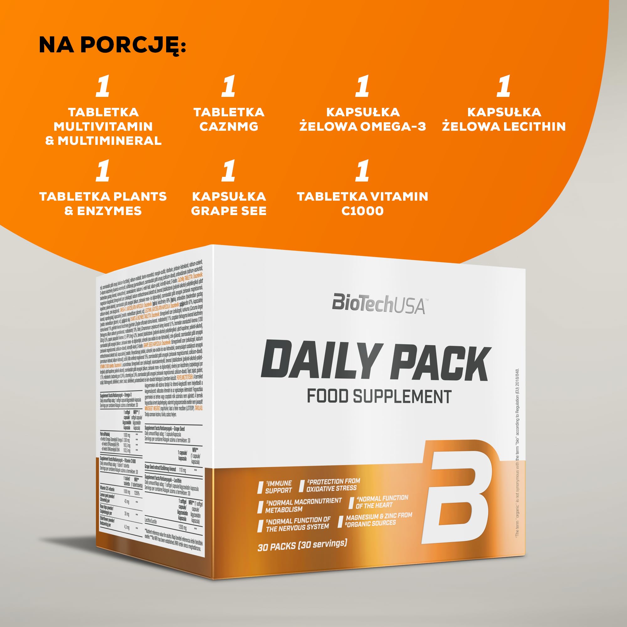 BioTechUSA Daily Pack, Pełnowartościowy preparat multiwitaminowy zawierający 7 różnych tabletek, kapsułek i kapsułek typu softgel z minerałami, koenzymem Q10, ekstraktem z pestek winogron, lecytyną i niezbędnymi kwasami tłuszczowymi, 30 saszetek