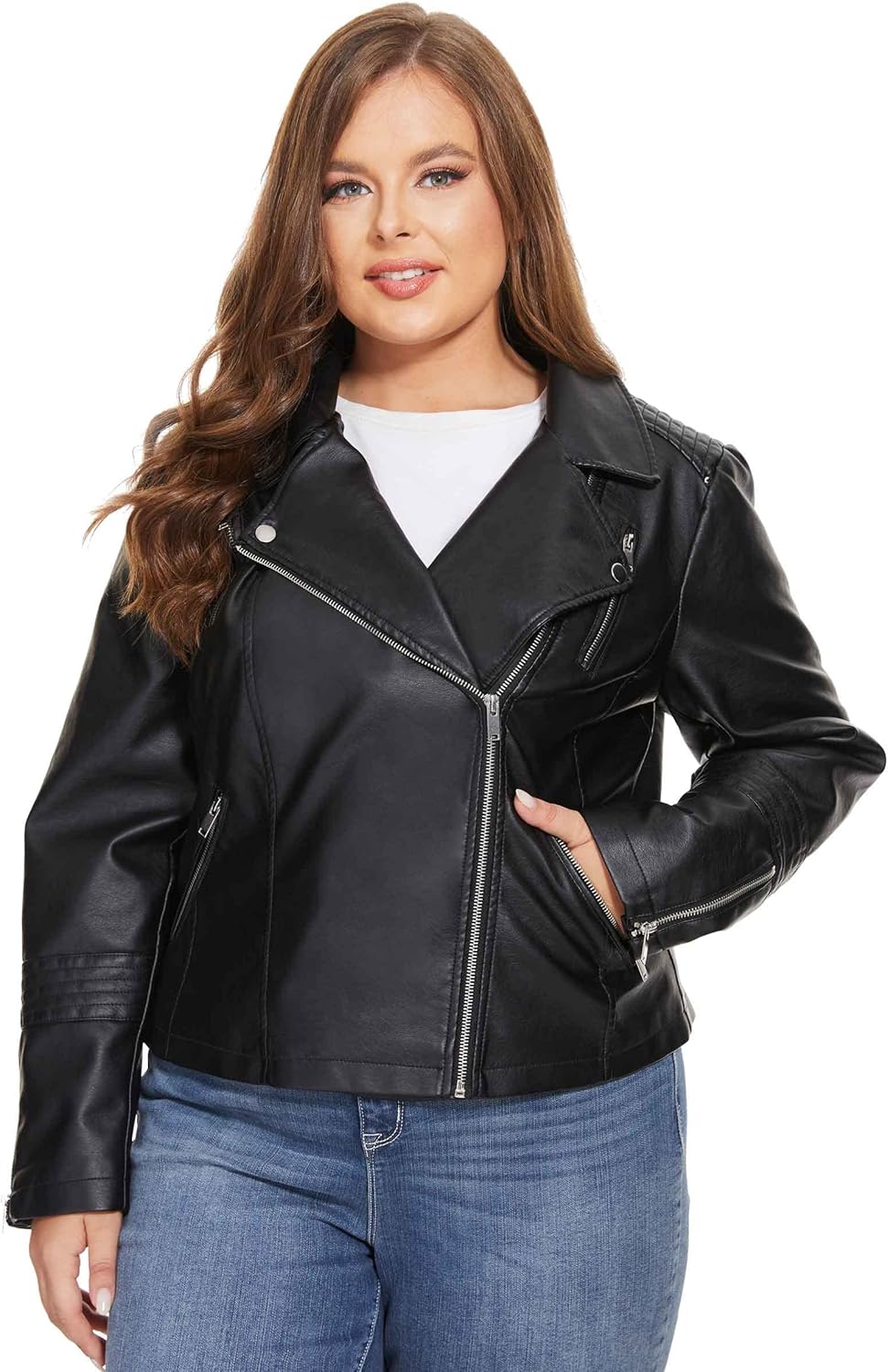 Fahsyee Women's Faux Leather Jackets, Zip Up Motorcycle Short PU Moto Biker Outwear Fitted Plus Size Coat - Image 3