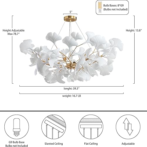 Miniatura 4 de Candelabro de rama redonda, candelabros dorados para comedor y dormitorio, candelabros modernos de 40 pulgadas con hojas de ginkgo, lámpara colgante