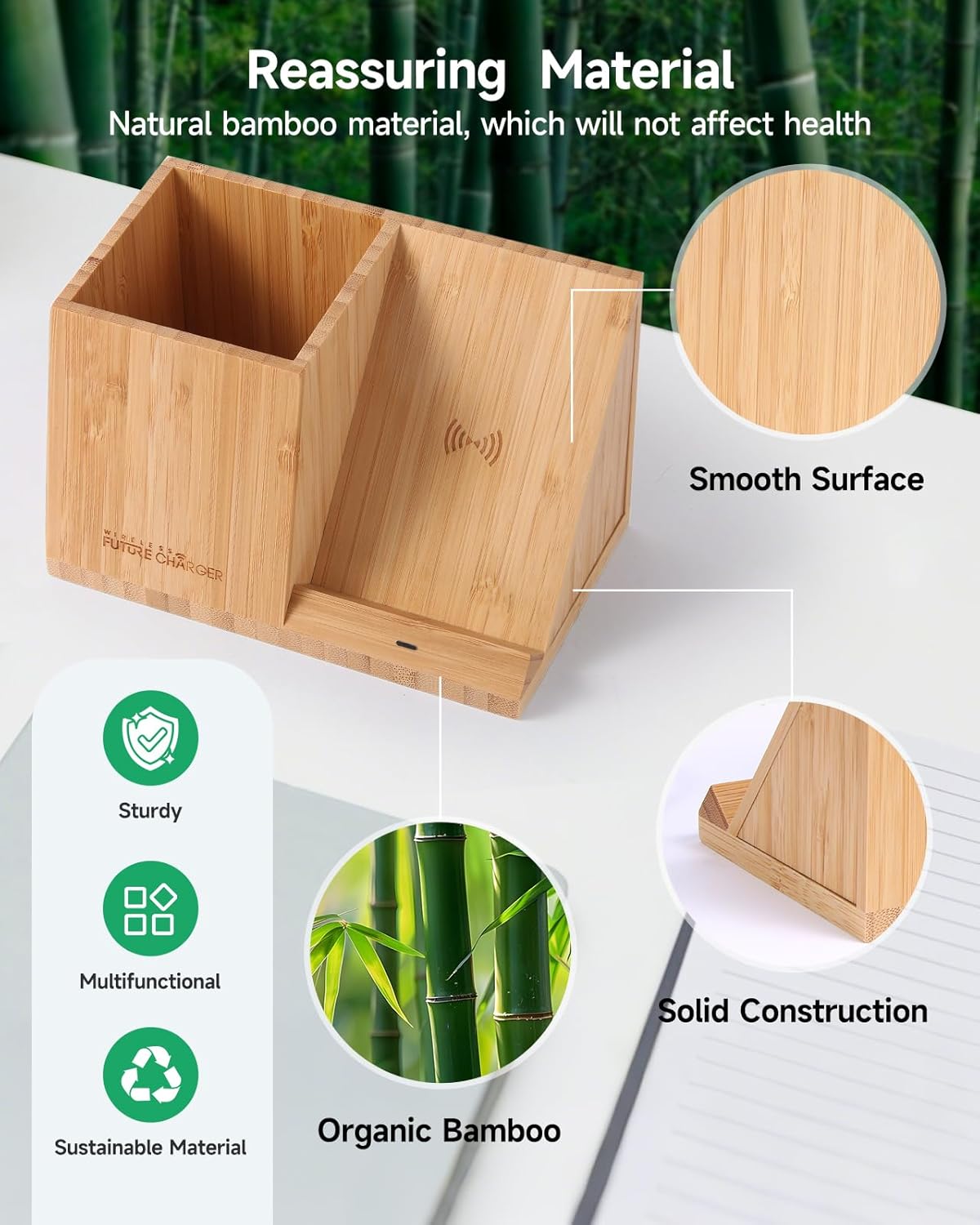 Bamboo Pen Holder for Desk & Nightstand Organizer with Fast Wireless Charging for iPhone, Samsung & More – Office Desk Accessories for Men/Women (Bamboo)