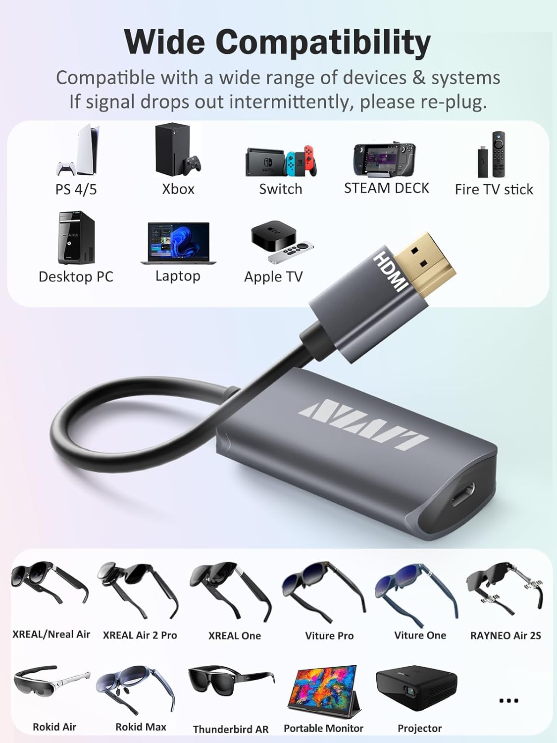 HDMI To USB C Cable Adapter 6FT - 4K@60Hz For AR Glasses, Portable Monitors & Gaming