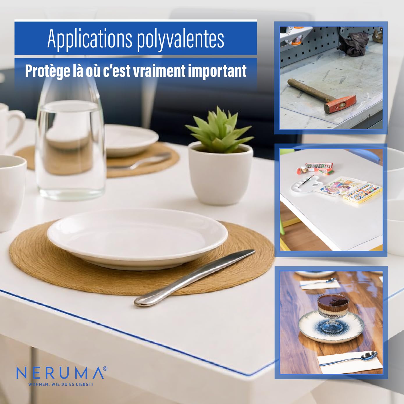 Film de protection de table transparent, nappe en film transparent, anti-taches, lavable et découpable individuellement - 2 mm