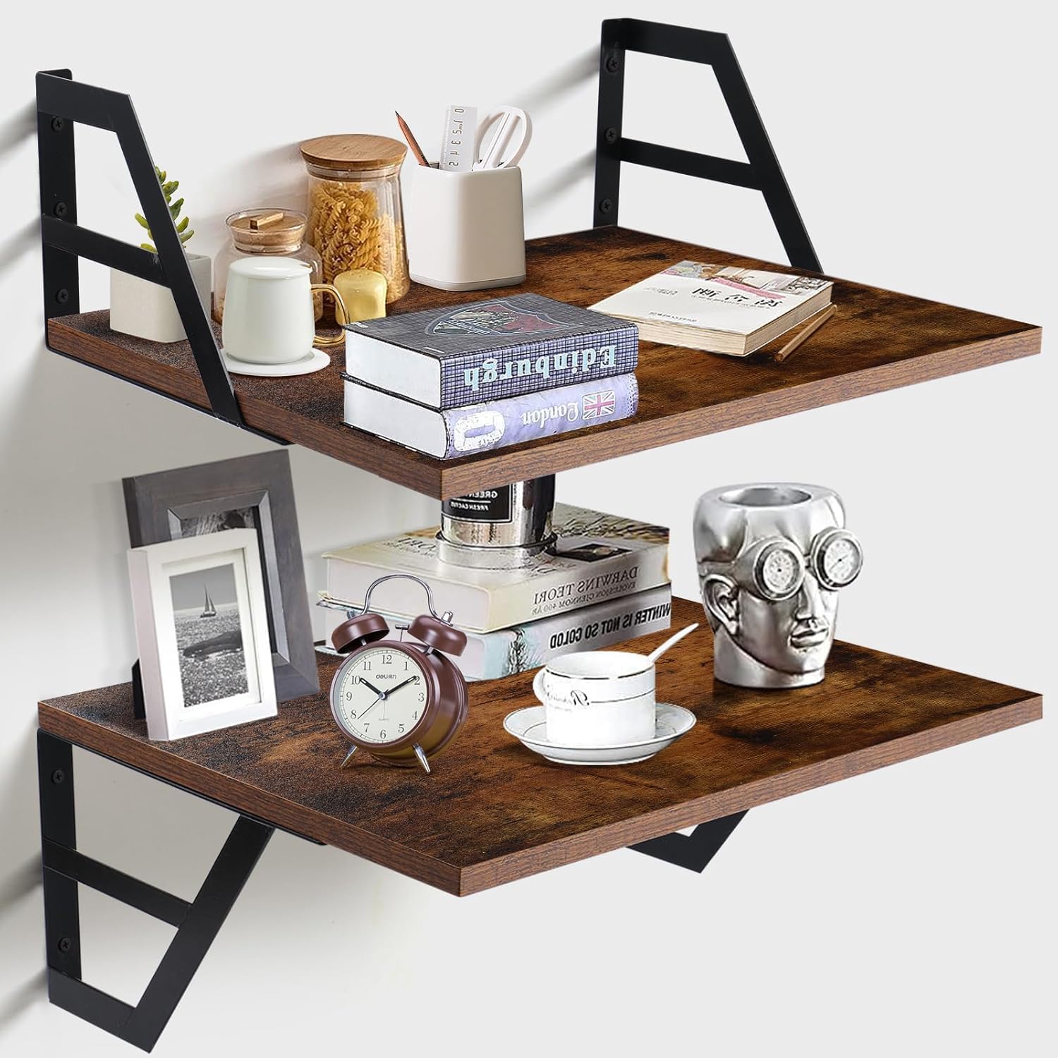 Set of 2 Deep Floating Shelves; Wall Mounted Book Shelf for Living Room, Bedroom Shelves for Wall Decor; Shelves for Wall Storage; Mount with Metal Brackets, 12 Inches (Rustic Brown)-image-13