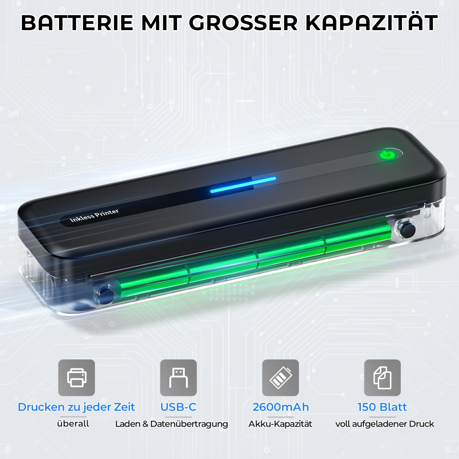 Mobiler Drucker A4 für Unterwegs, Tragbarer Drucker Thermodrucker A4 Wireless Bluetooth Inkless Handy Printer, 300dpi Portable Kompakt Reisedrucker für Android/iOS/Win/Mac Laptop