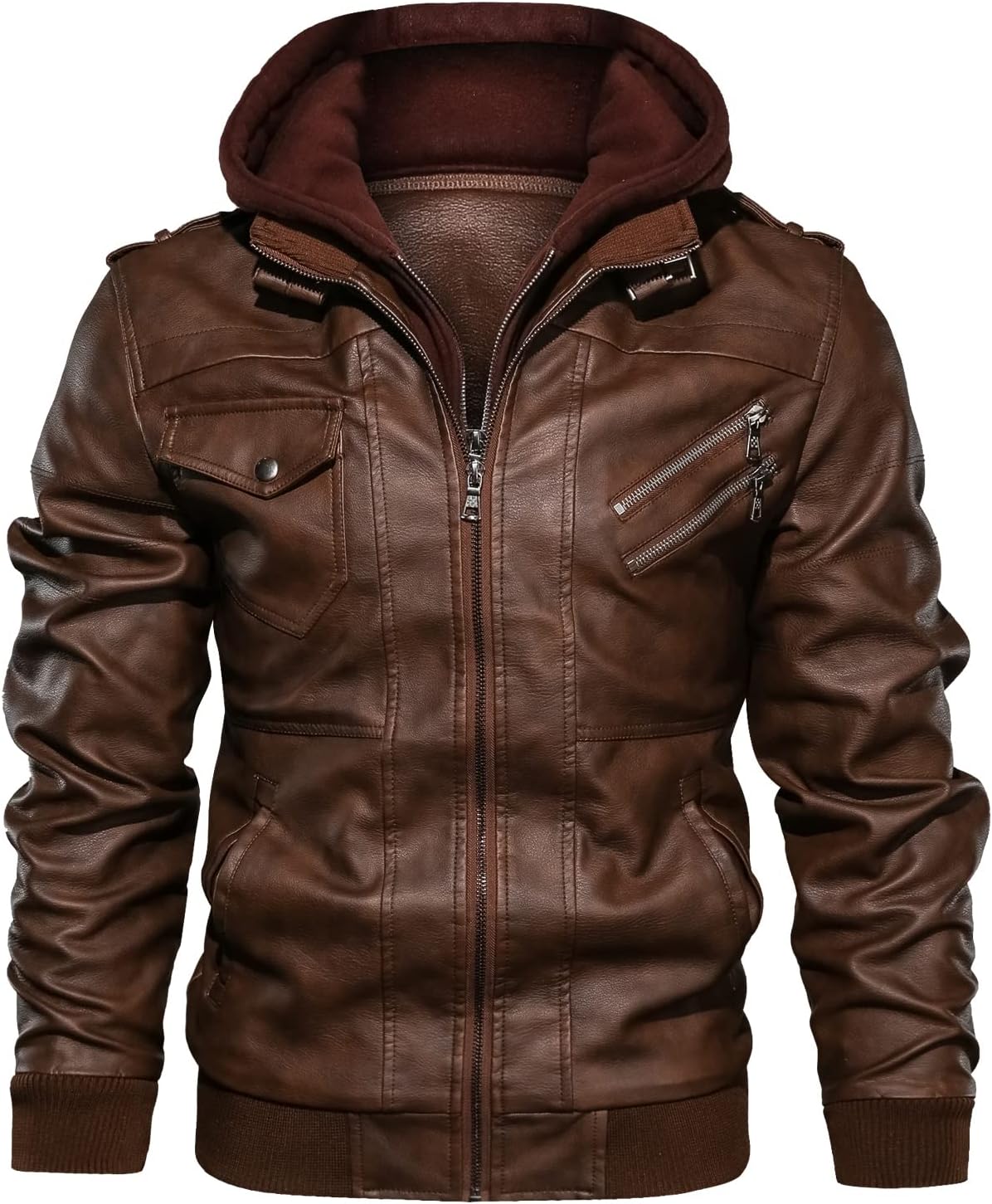 Men's Faux Leather Jacket Stand Collar Motorcycle Bomber Jackets with Removable Hood