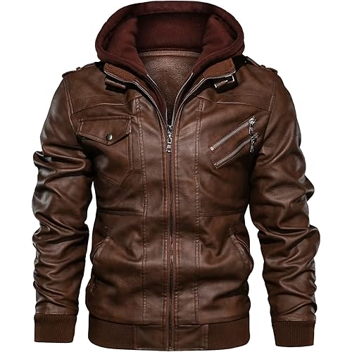 JYG Men's Faux Leather Jacket Stand Collar Motorcycle Bomber Jackets with Removable Hood