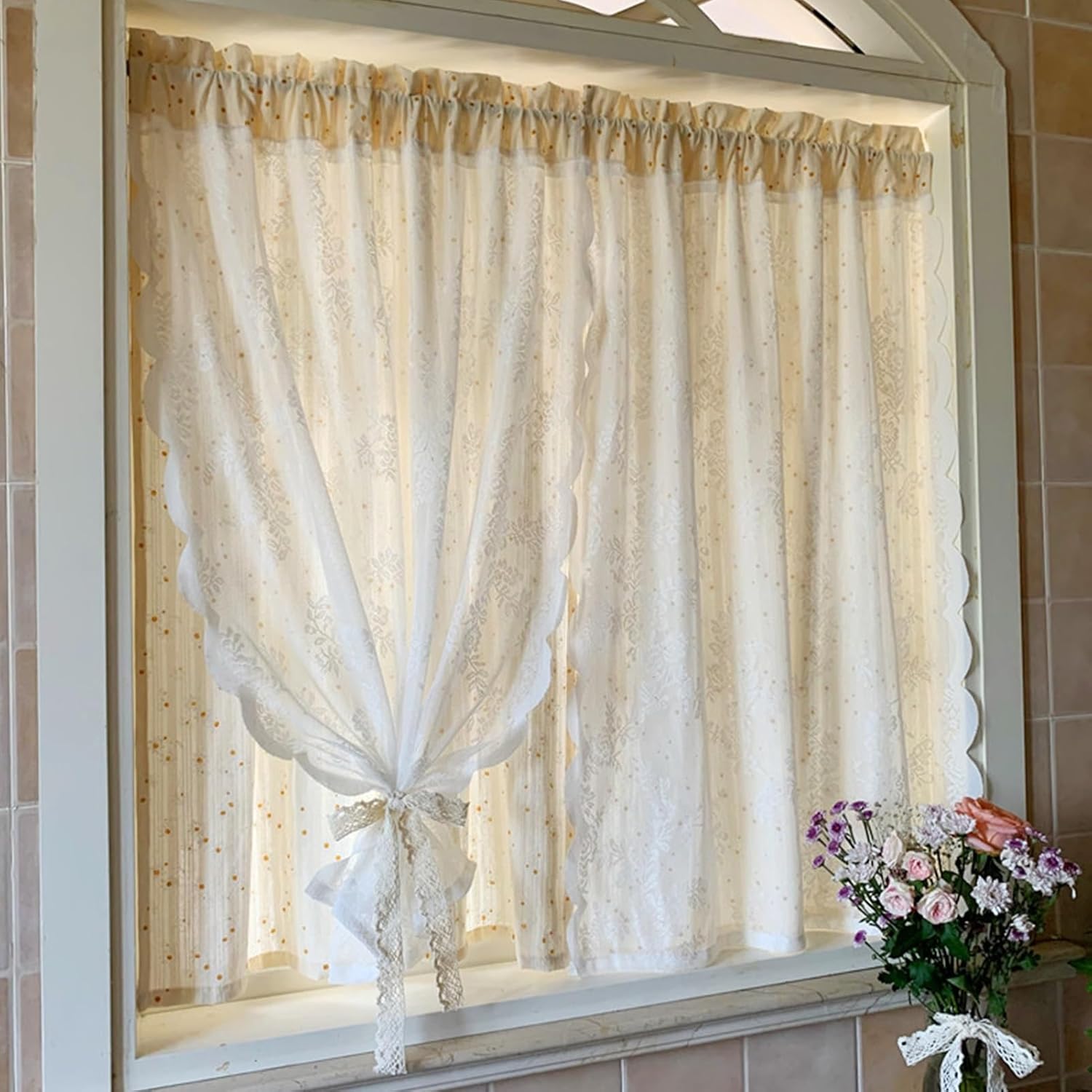 Kitchen Curtain, Two Pieces Tier Curtains, Window Treatment Valances, Cotton and Lace Double Curtain Valance, for Kitchen Bathroom Bedroom Living Room(W140xH80cm/55x31.4in)