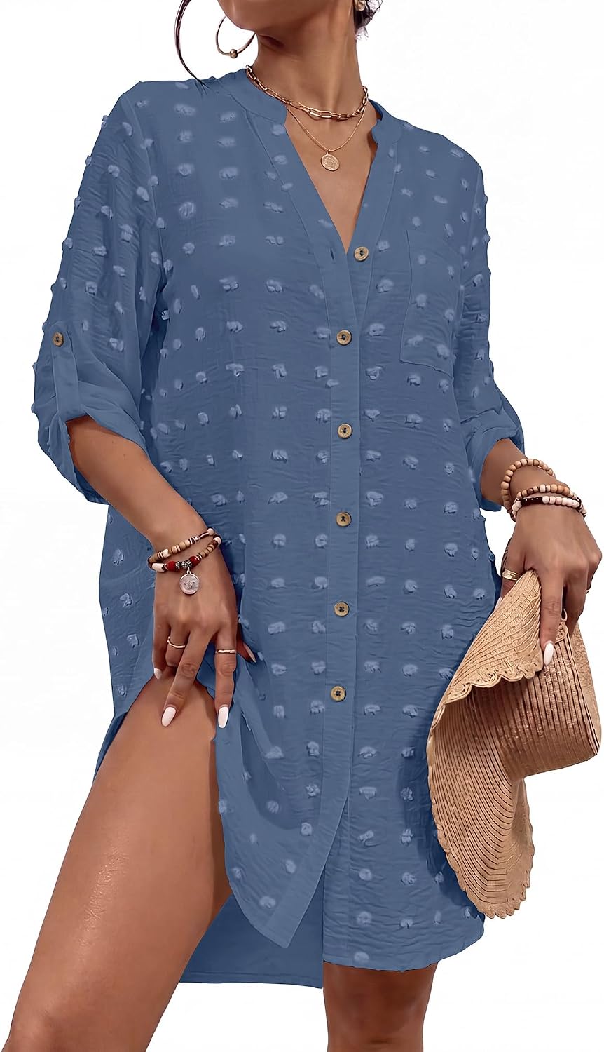 Bsubseach Womens Swimsuit Coverup Swiss Dot Bathing Suit Cover Up Button Down Beach Shirt Dress Summer Vacation Outfits