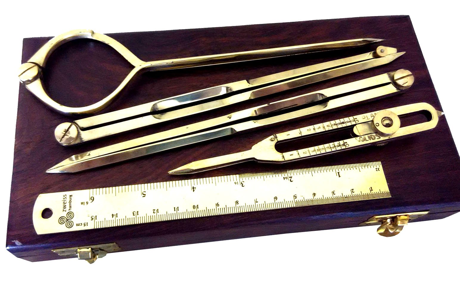 Vintage in ottone e palissandro Geometry Compass box per navigazione ecc., divisori, righello etc all in ottone