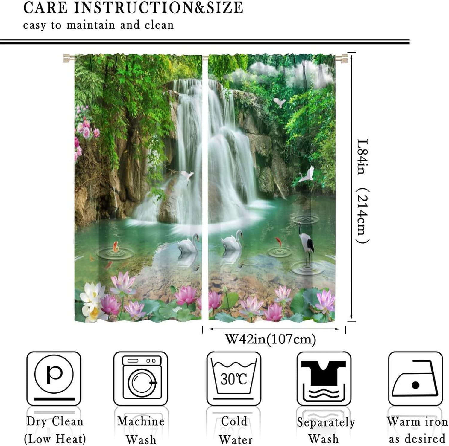 Waterfall Deocr Curtain, Japanese Style Waterfall Mountain Cloud Boat Flower Dreamy Scenes Home Decor Windows Rod Pocket Curtain for Living Room Nursery Boys Girls Bedroom Window Drapes 84" Wx84 L