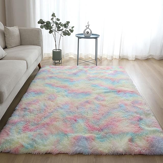 KRIPINC Rainbow Fluffy Rug, Rectangle Colorful Shaggy Rug, Cute Anti-Skid Rainbow Mat for Bedroom, Bedside, Living Room, Playroom(120X160cm)
