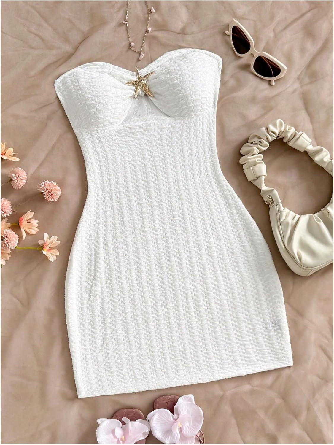 MakeMeChic Women's Strapless Dress Starfish Metal Sleeveless Bodycon Tube Mini Dresses