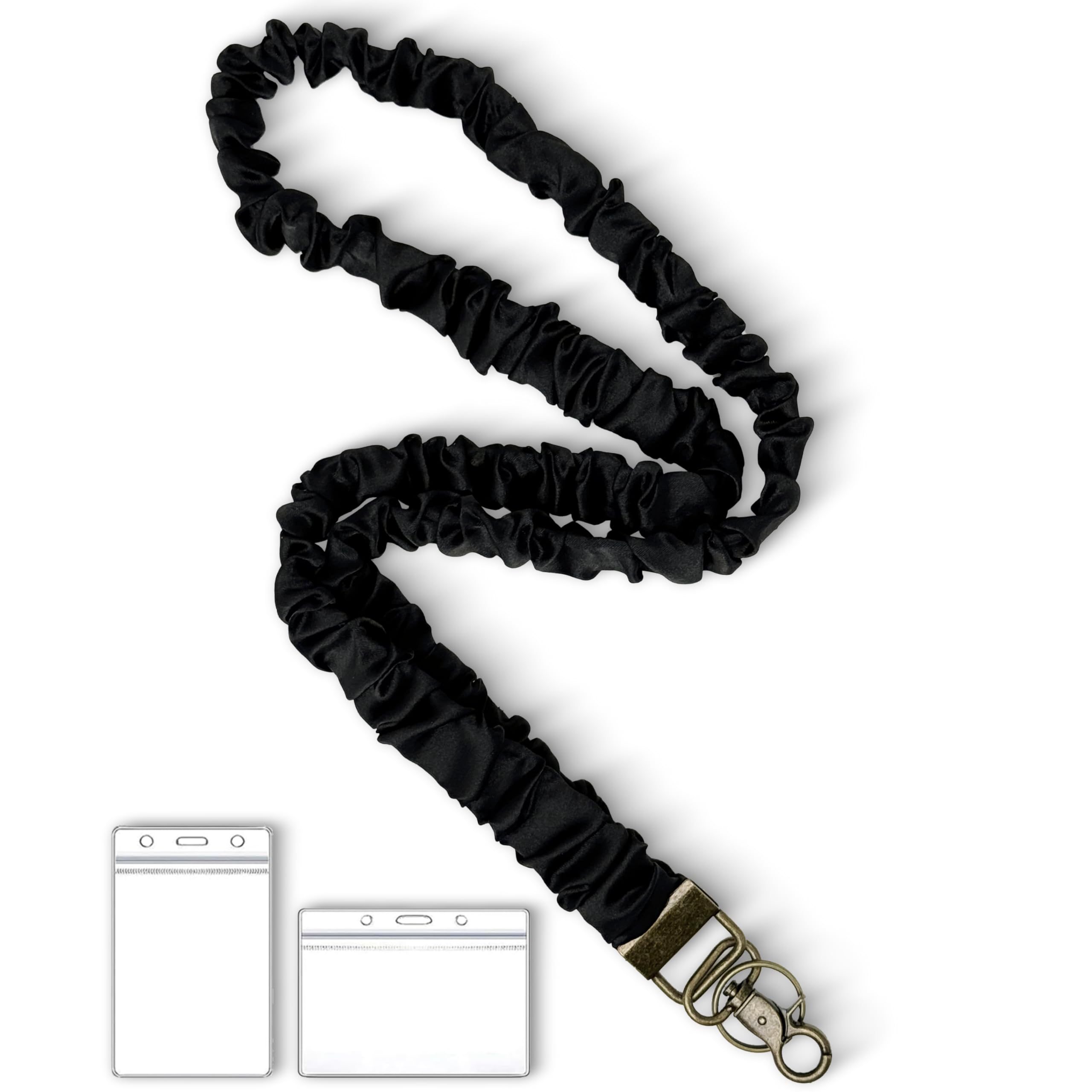 Lanyardio Stretchy Scrunchie Lanyard for ID Badges Keys, Cute Teacher Lanyard for Women with 2 Card Holders 19.6 Inch