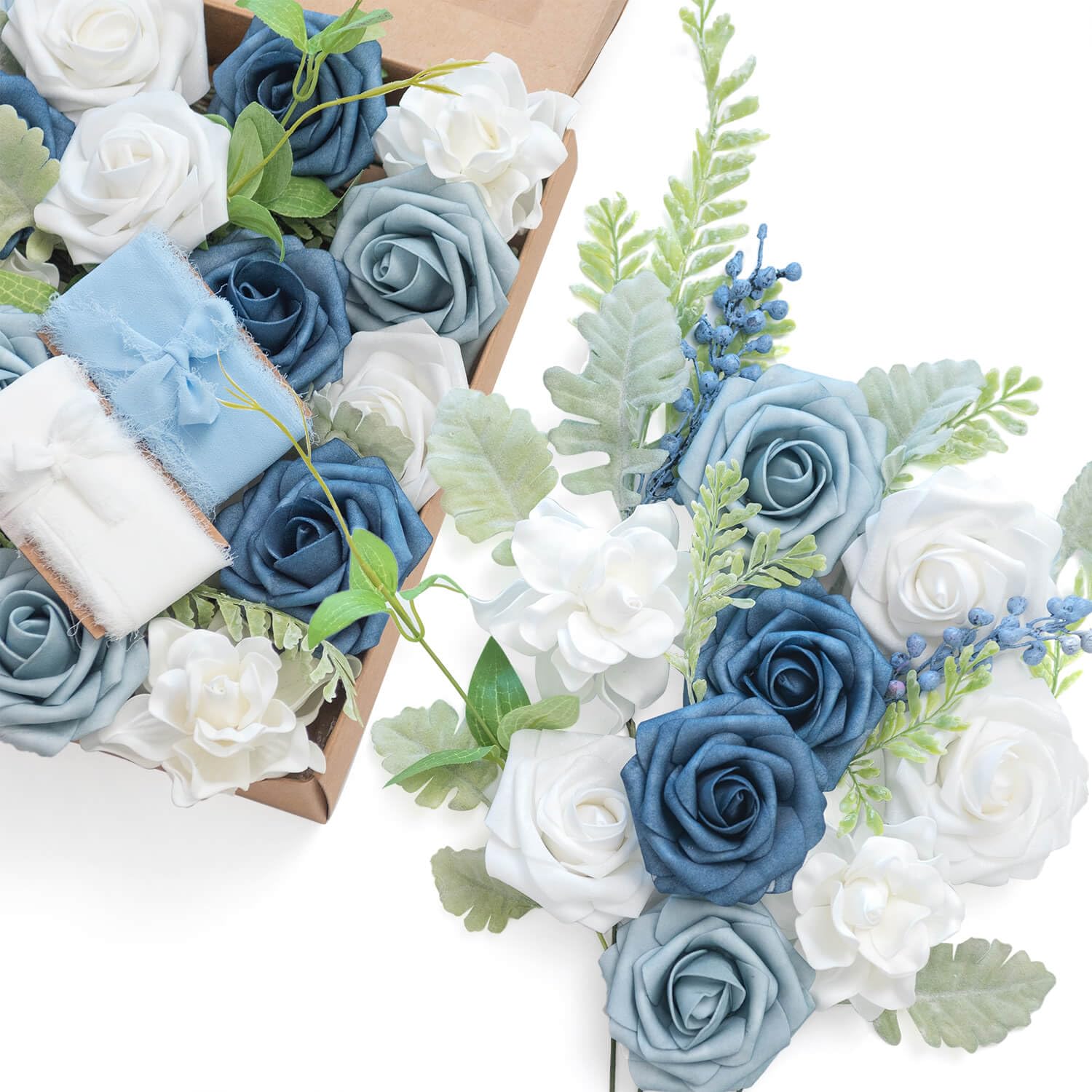 Ling's Moment Juego de flores artificiales de boda para ramos de bricolaje, centros de mesa, arreglos florales (azul polvoriento)