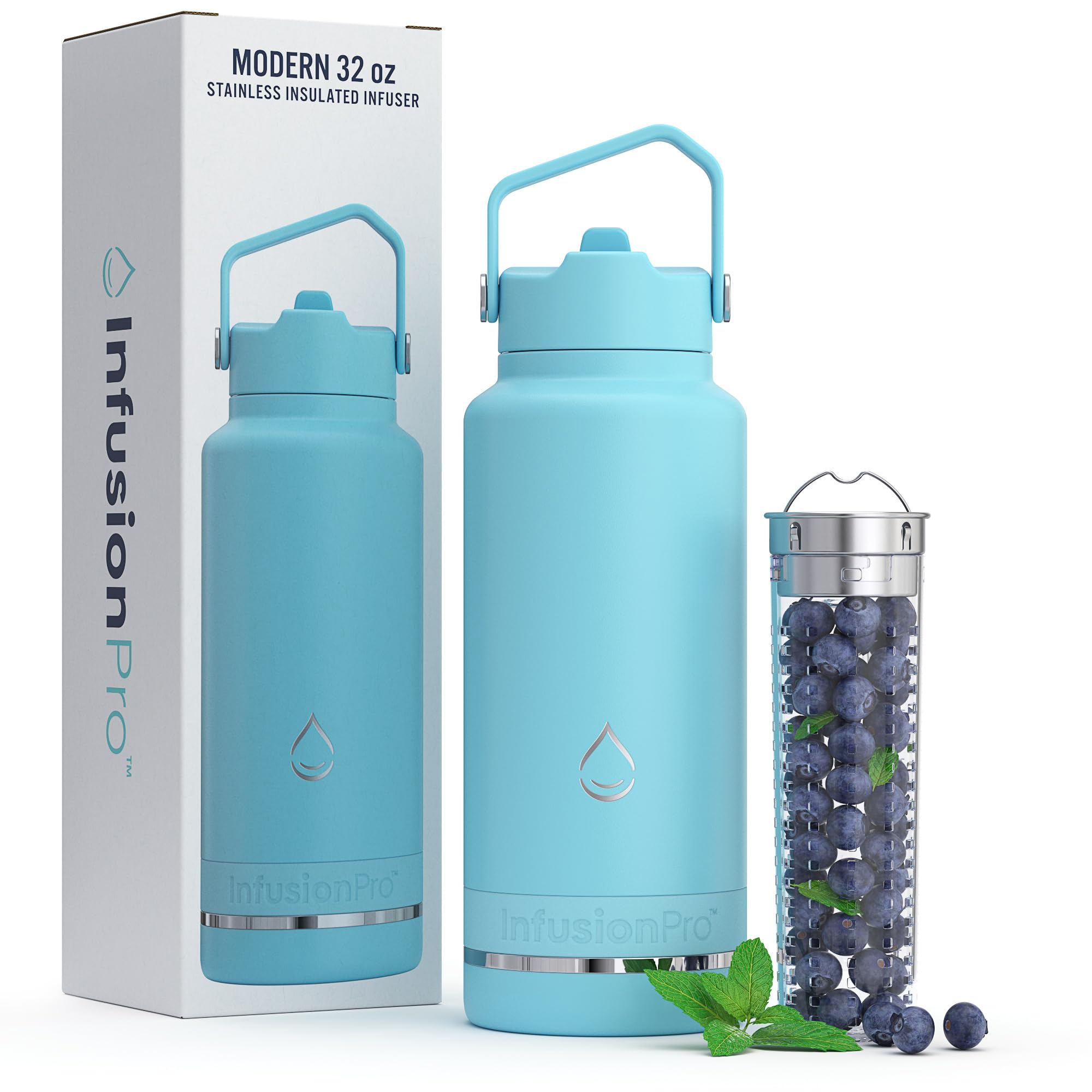 Infusion Pro Fruit Infuser Water Bottle with Straw Lid (32 oz) Stainless Steel Vacuum Insulated : 50 Recipe Fruit Infusion eBook : More Flavor : Easy Cleaning : Great Gift