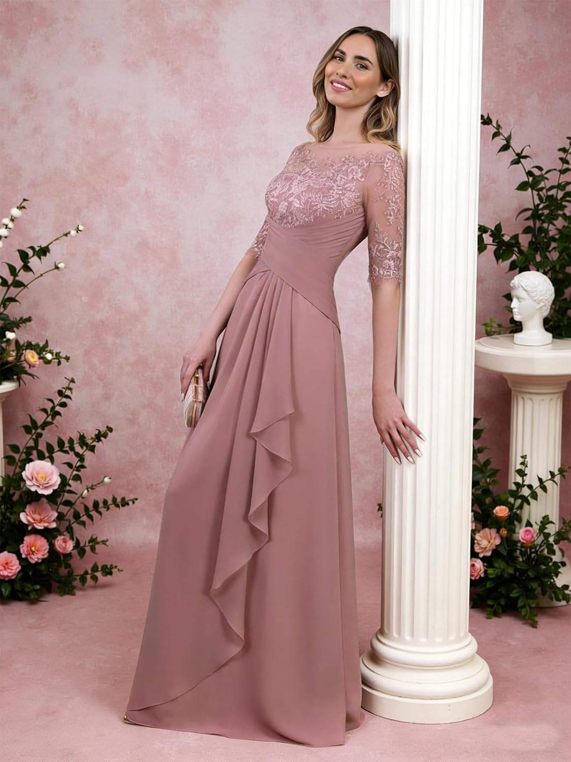 REIOKJ Lace Chiffon Mother of The Bride Dresses - 3/4 Sleeves Long Formal Evening Dress for Wedding - Image 6