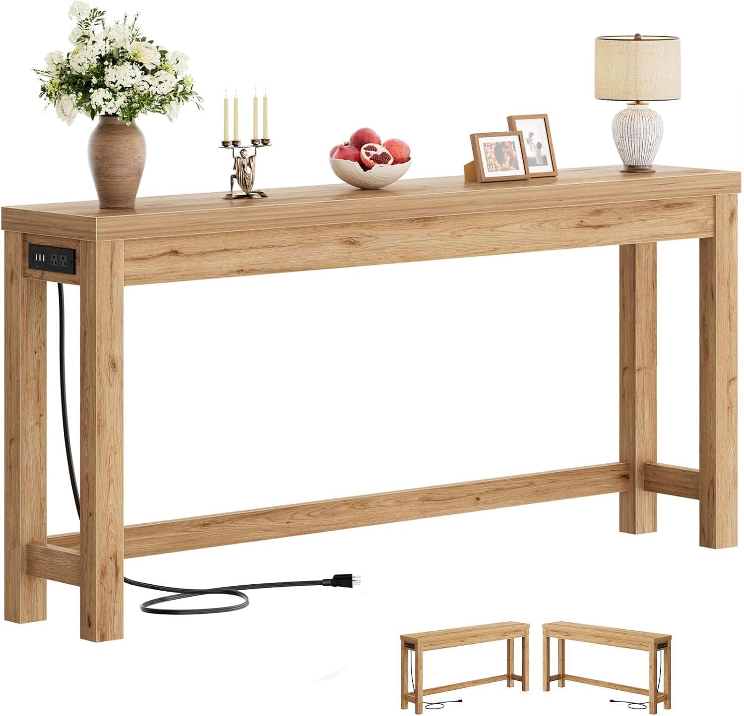 Cyclysio 63" Farmhouse Console Table with 3AC+2USB Charging Station - Entryway, Behind Couch, Living Room, Natural Oak Wood