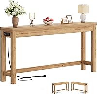 Cyclysio 63" Farmhouse Console Table with 3AC+2USB Charging Station - Entryway, Behind Couch, Living Room, Natural Oak Wood