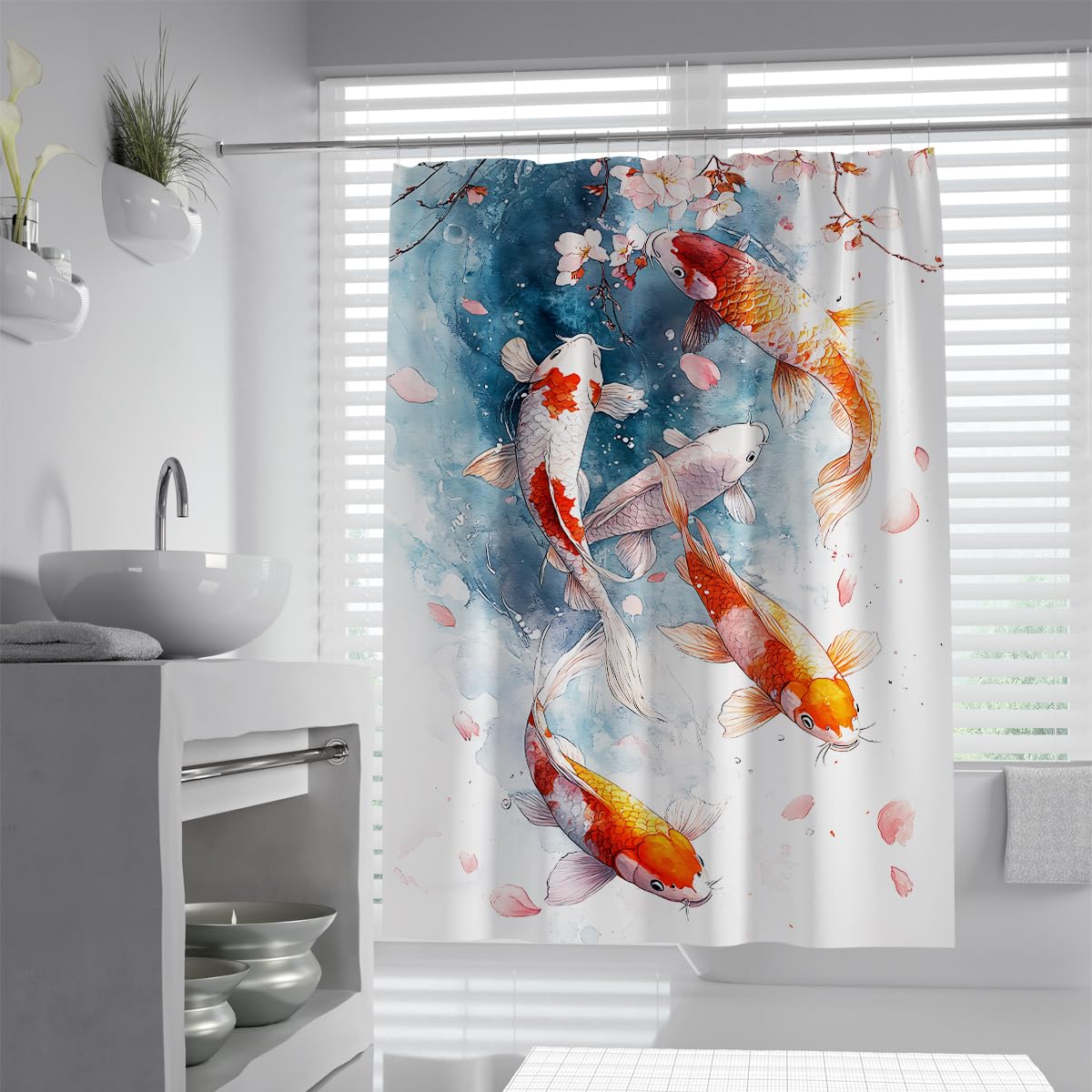UIRINGART Oriental Carp Shower Curtain W200xL200cm Waterproof Anti Mould Asian Watercolor Sakura Tree Petals Fabric Bathroom Screen With Hooks Tub Liners Spa Gym