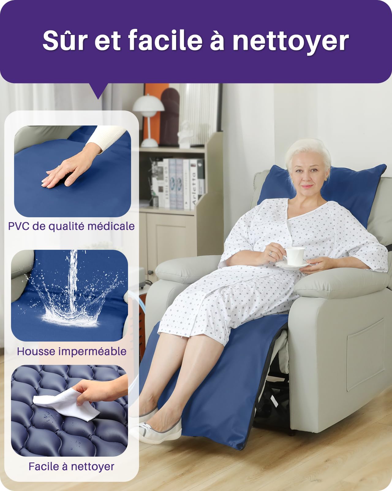 Kekoy Matelas Anti-Escarre pour Fauteuils Relax, Pompe Silencieuse, Housse Imperméable, Idéal pour Personnes Âgées et Récupération Postopératoire, 170x56 cm, Bleu Clair