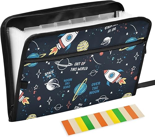 Space Rocket - Carpeta de archivos expandible con etiquetas adhesivas, 13 bolsillos, Galaxy Stars, Planeta, carpeta de archivos de acordeón,