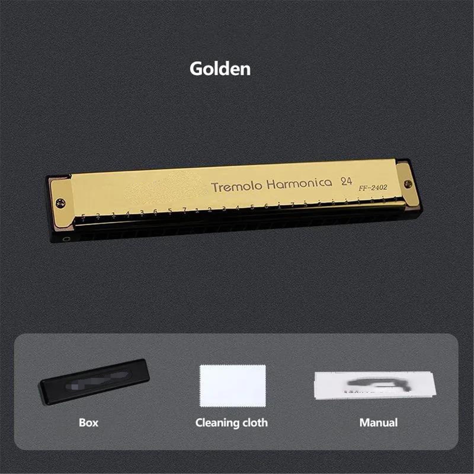 24-Loch-Mundharmonika Metallmund Musikinstrument Anfänger Unterricht Spielen Geschenk Kupferkern Harmonium Blues(Gold)