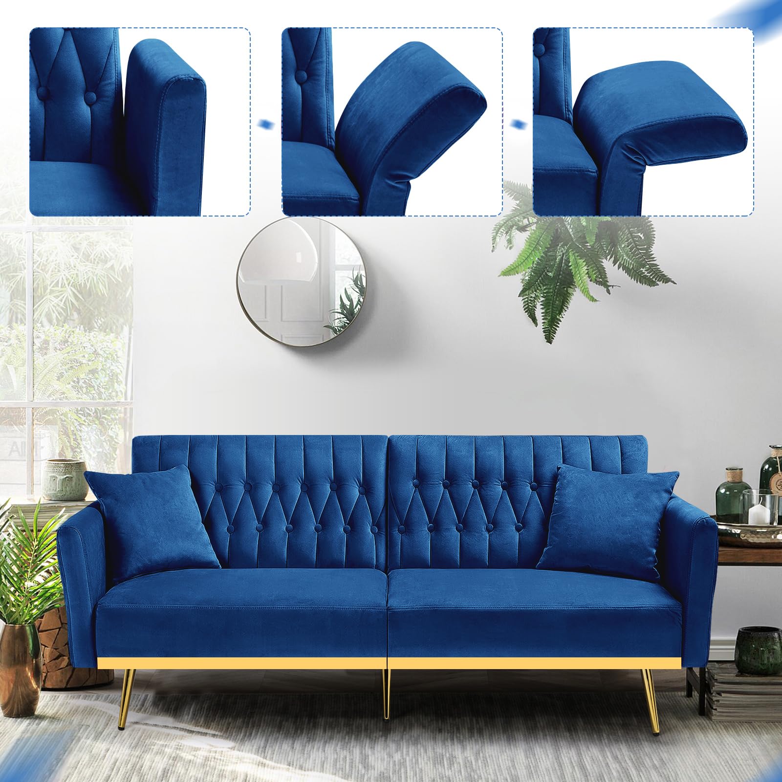 70” Velvet Futon Sofa Bed w/Adjustable Armrests, Blue | Convertible Sleeper Bed w/Adjustable Backrests, Modern Loveseat Couch w/Two Pillows for Living Room, Bedroom