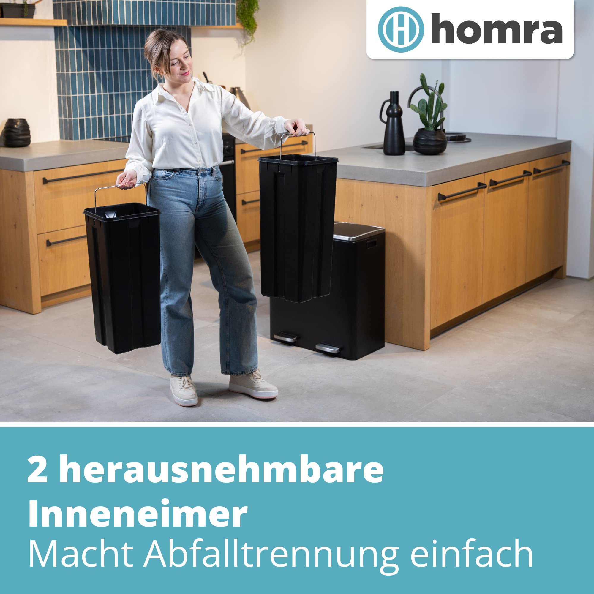 Homra Mülleimer 60l Quickx | Tretmülleimer Küche 2x30 Liter | Treteimer aus Edelstahl | Abfalleimer mit Inneneimern | Trennsystem 2 Fach | Mülltrennsystem | Papierkorb | Softclose | Schwarz