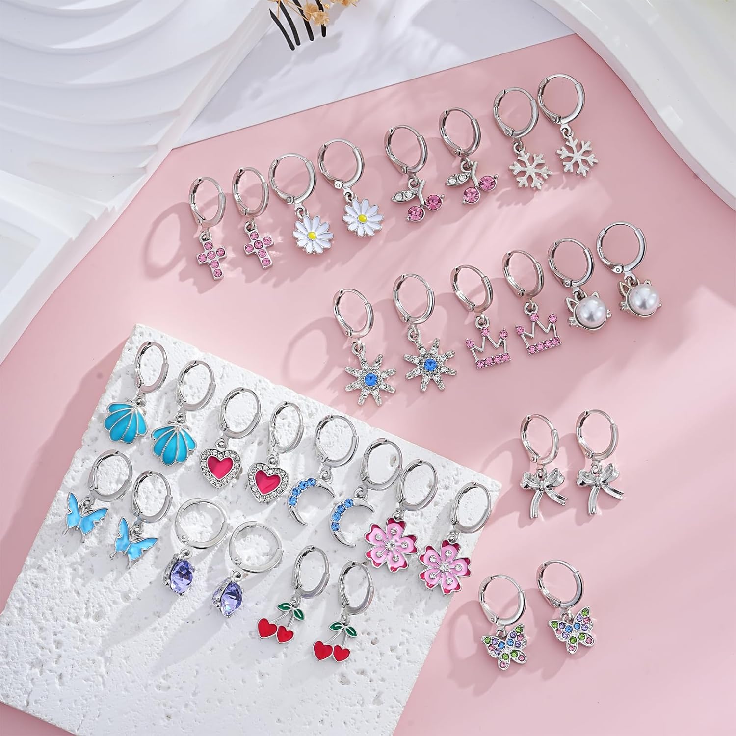 16 Pairs Hypoallergenic Dangle Hoop Earrings for Girls Teens Women,Cute Kids Hoop Earrings Set with Charm Heart Pearl Bow Butterfly Animal Small Huggie Earring Jewelry Gift - Image 6