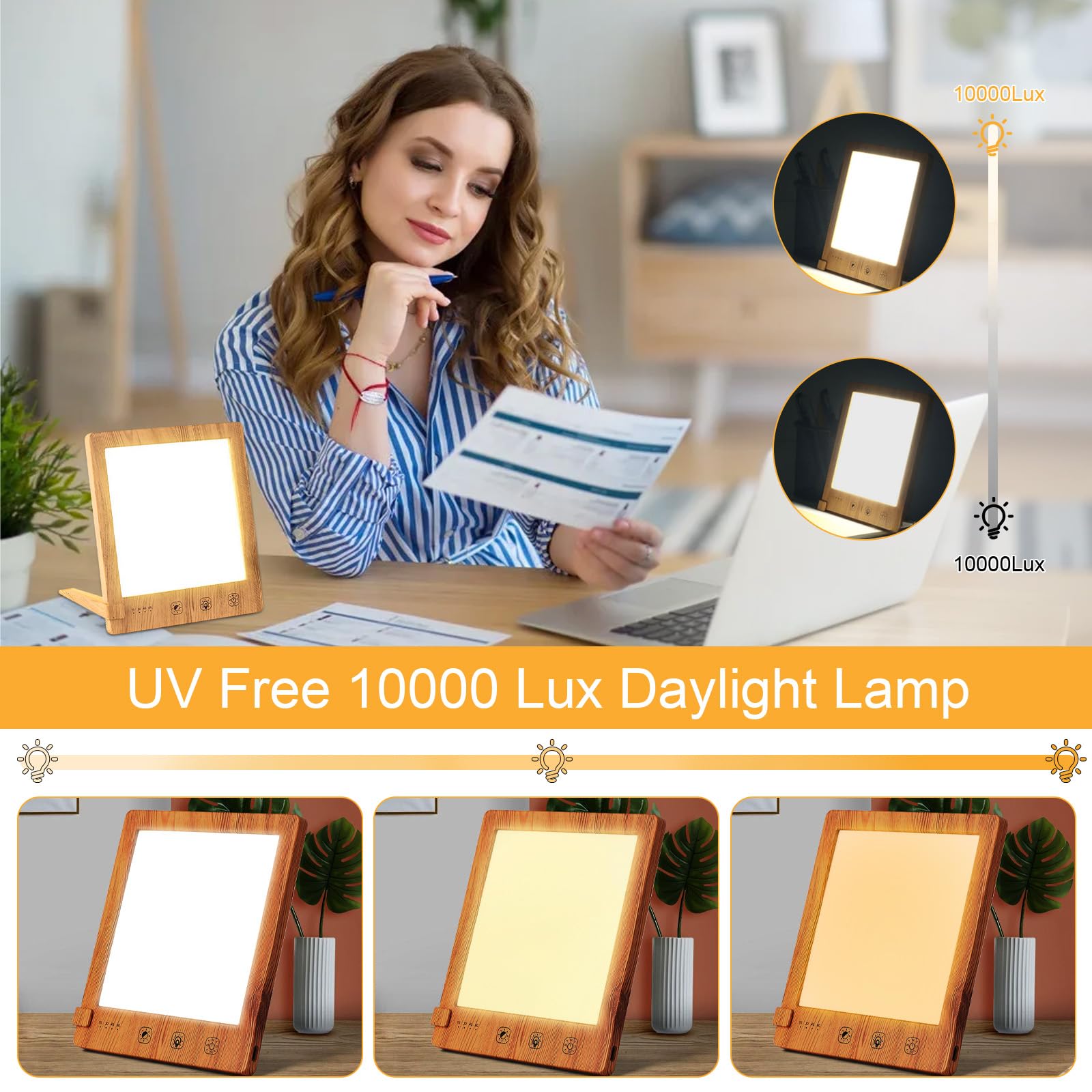 Lampade che riproducono luce solare 10.000 lux, Lampada LED per Fototerapia con 3 Colori di Luce, Controllo Touch, Simulazione della Luce Diurna per Casa, Ufficio (Adattatore non incluso)