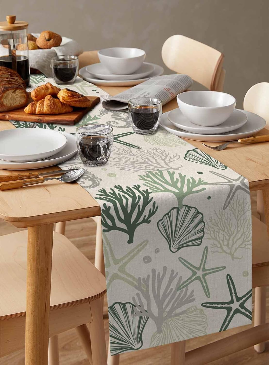 Sage Green Coastal Cotton Linen Table Runners 13"x108", Summer Beach Nautical Coffee Table Runner Dresser Scarves, Starfish Coral Rustic Table Runners for Wedding Party Banquet Dinner Decor