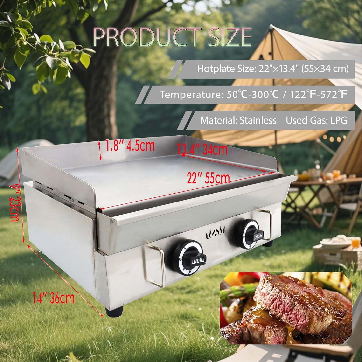 2800Pa 22" x 13.4" Stainless Steel Commercial Home Gas Grill Griddle, LPG Countertop Flat Top Grill with 6MM Thick Steel Plate, Ideal for Camping, Outdoor and Kitchen Use
